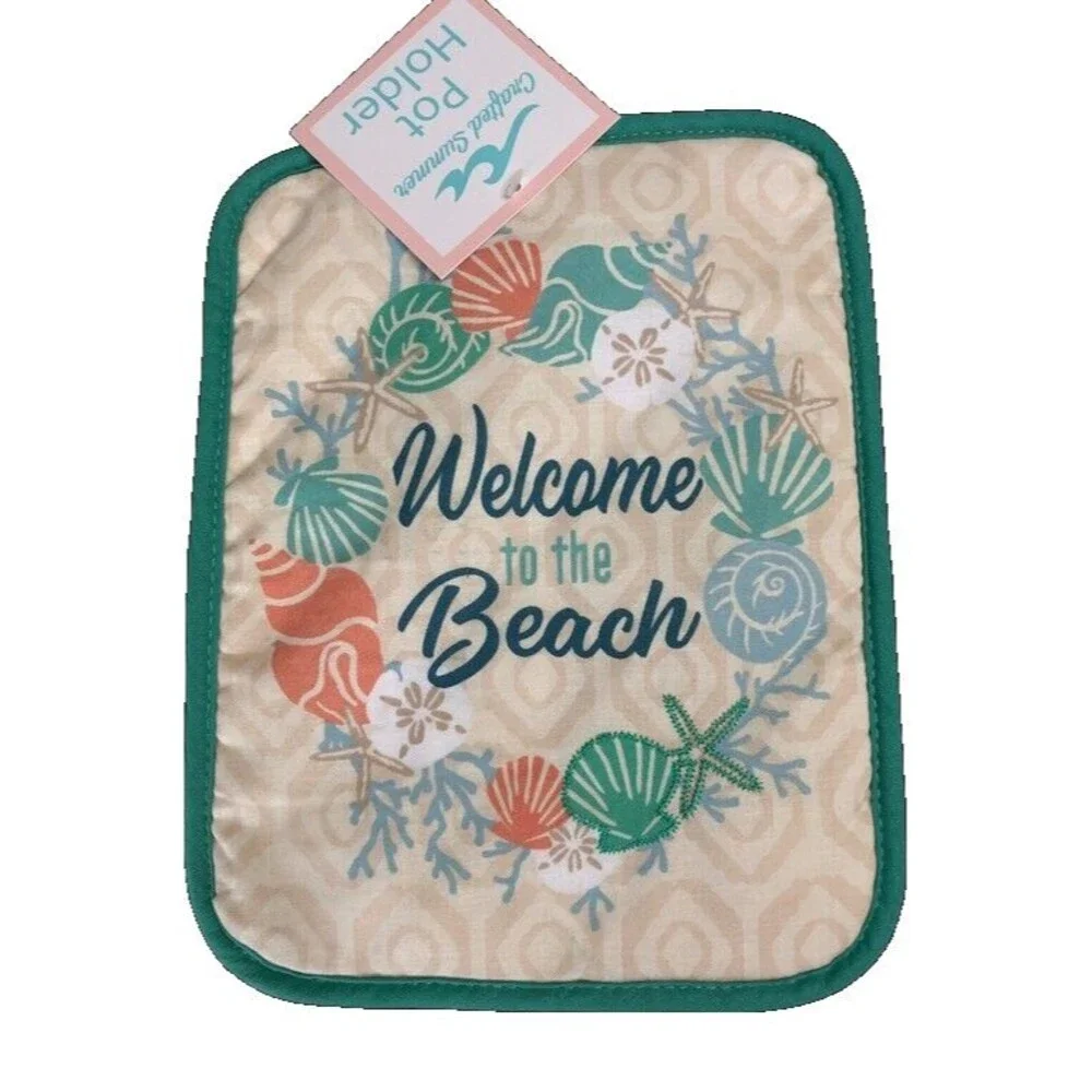 Shell Wreath Welcome Beach Dish Towel Oven Mitt Potholder Tropical Set of 3